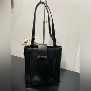 Guess Handbag Black Faux Patent Leather Purse Satchel Silver Hardware Classic